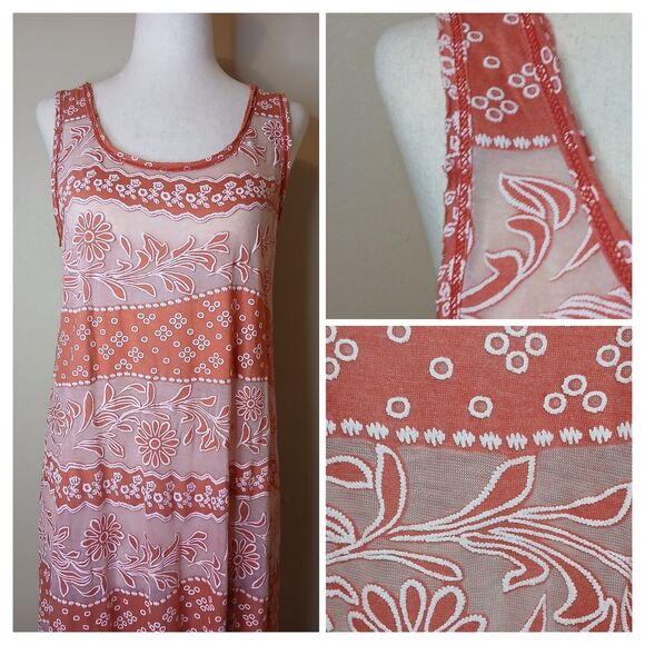 Jean-Louis Scherrer Maxi Dress Sz Small Coral Floral Burnout Sheer Stripe Beach - Picture 1 of 16
